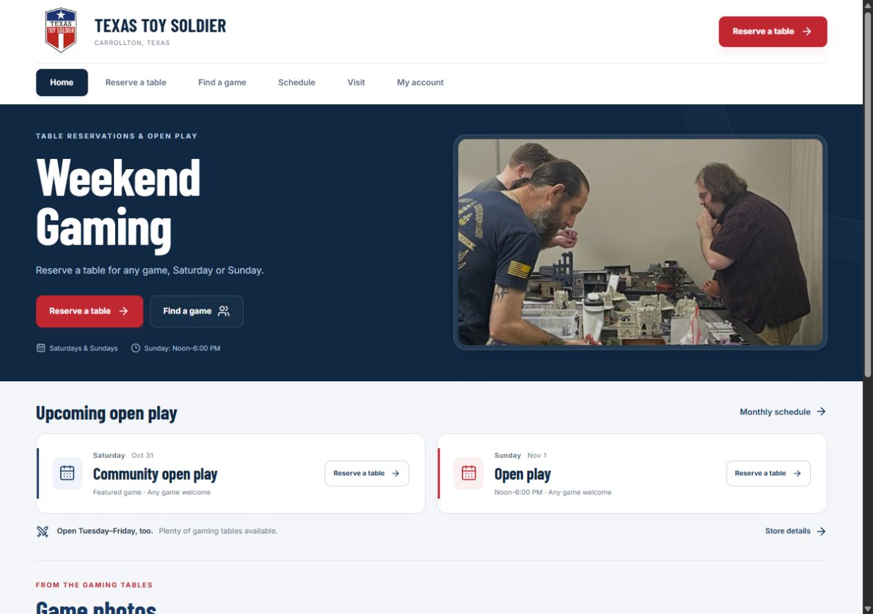 The Texas Toy Soldier weekend gaming website on a desktop screen